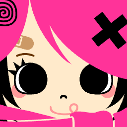 Cute square face avatar with pink accents and dark hair